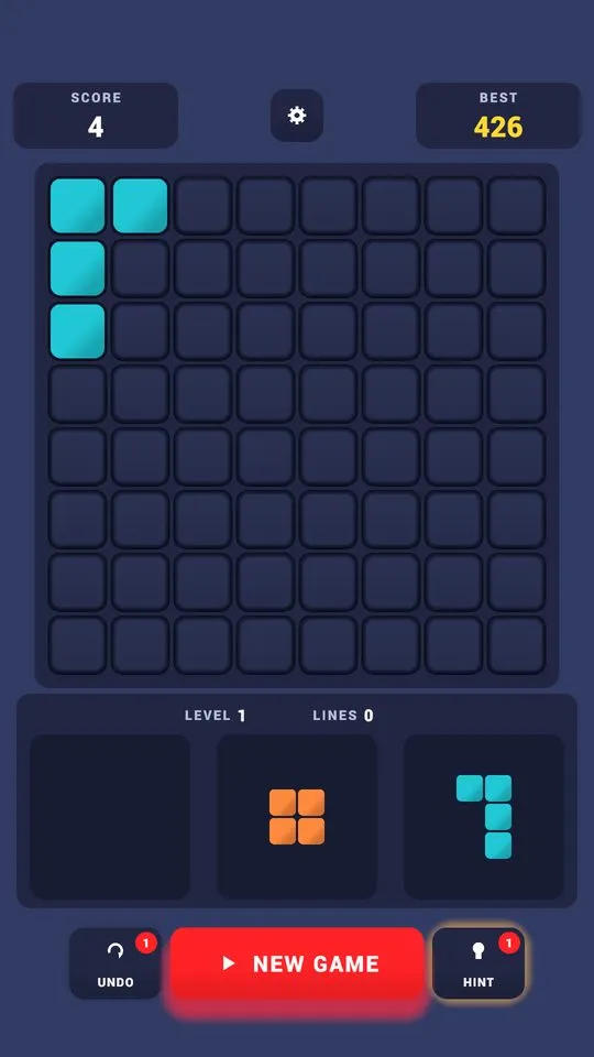 Block Cascade gameplay: coloured blocks on an eight-by-eight grid