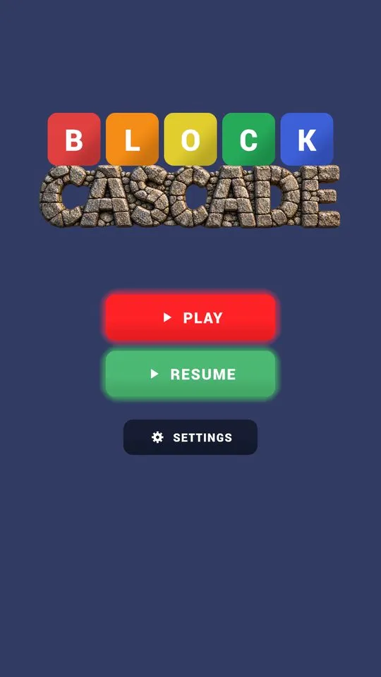 Block Cascade title screen with the game's stone lettering