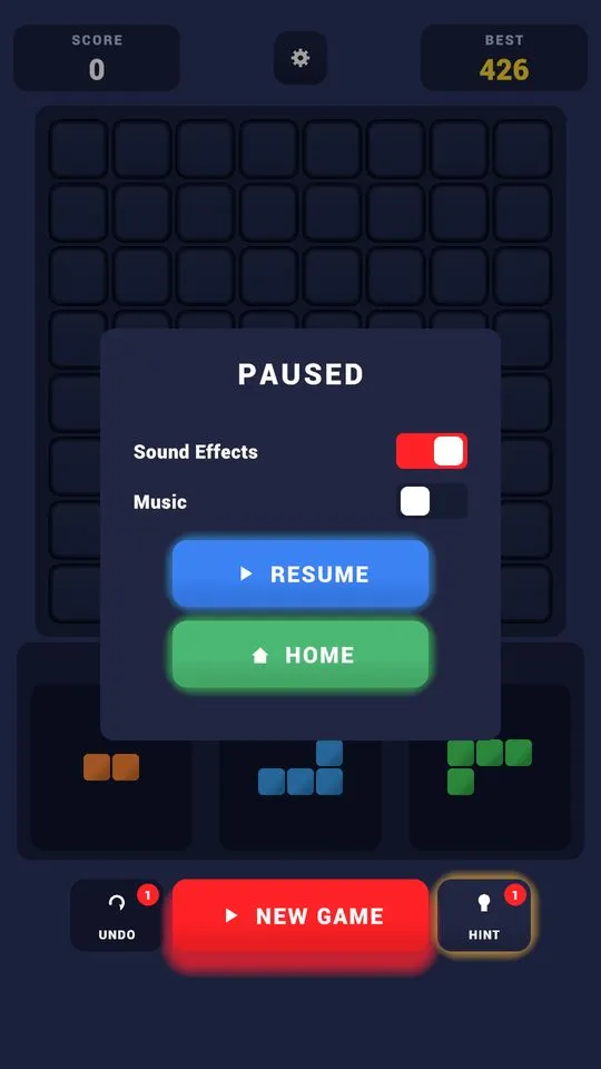 Pause menu with sound effects and music switches