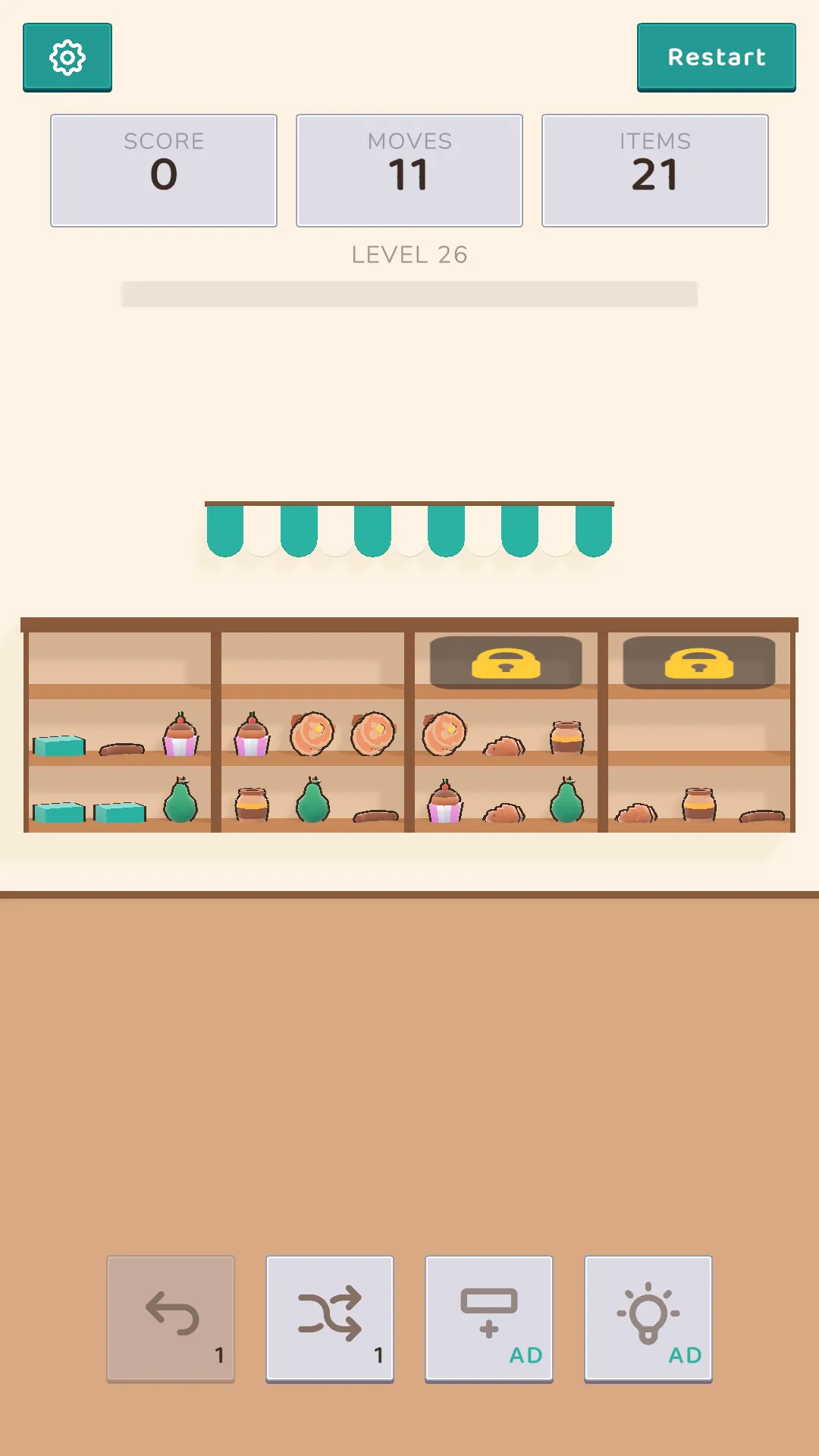 TapTouch Sort gameplay: mixed goods on a shelf wall with two shelves locked