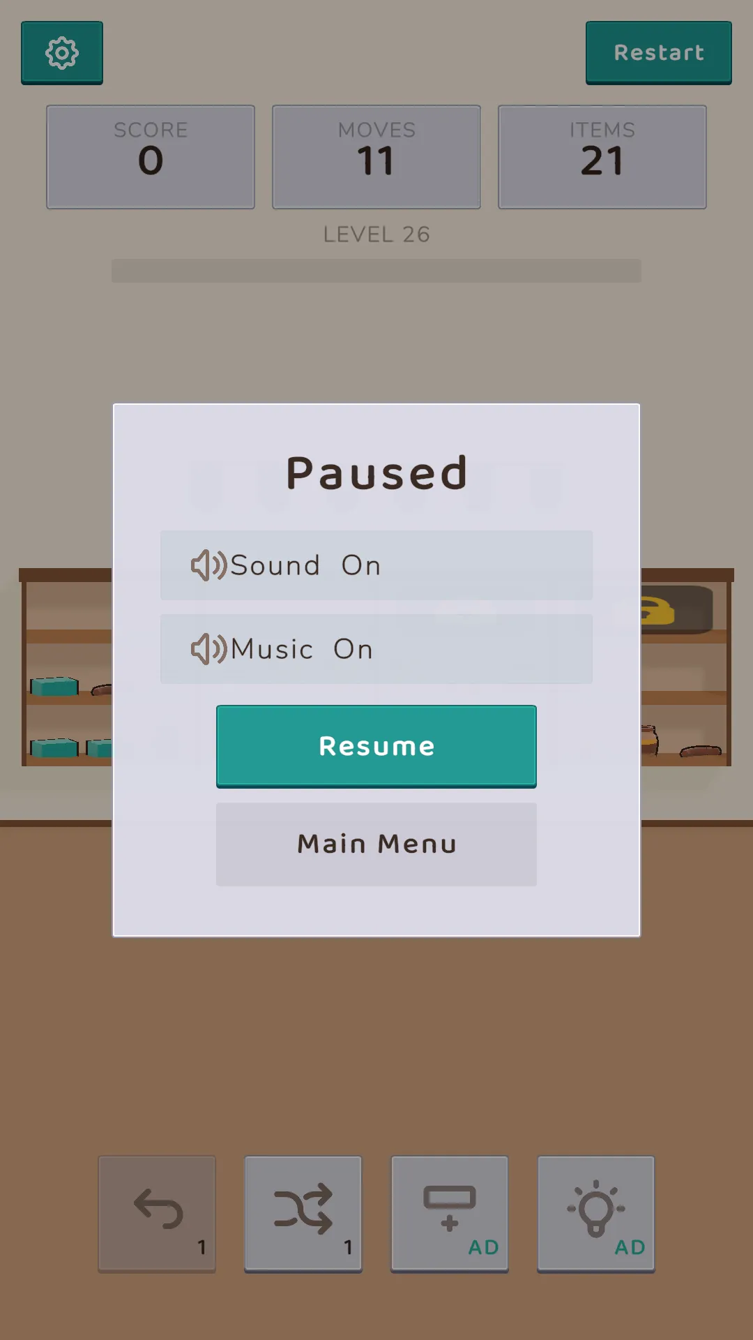 Pause menu with sound effects and music switches